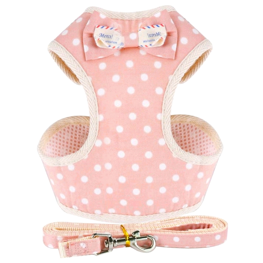 Light Pink Polka DotDog Harness and Leash with Bow Design